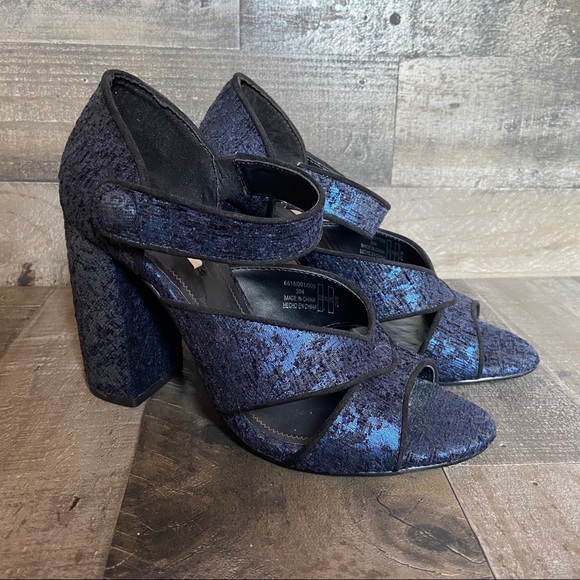 Zara Blue Black Textured Jacquard Block Heels - Picture 1 of 8